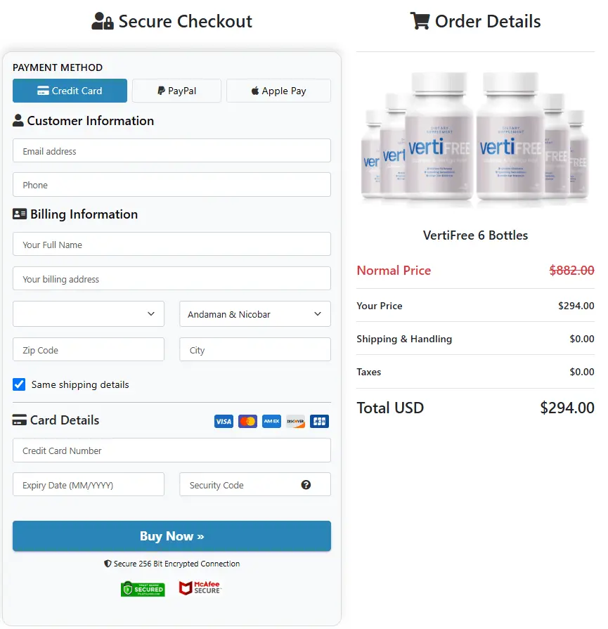 VertiFree CheckOut Page